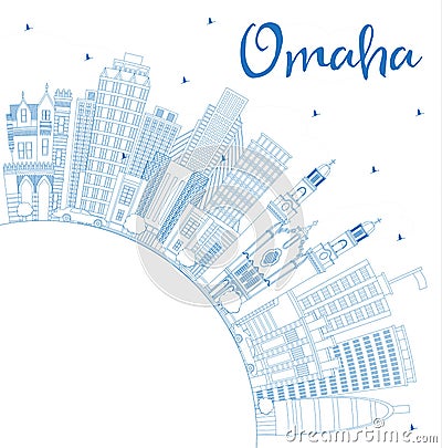 Outline Omaha Nebraska City Skyline with Blue Buildings and Copy Space Stock Photo