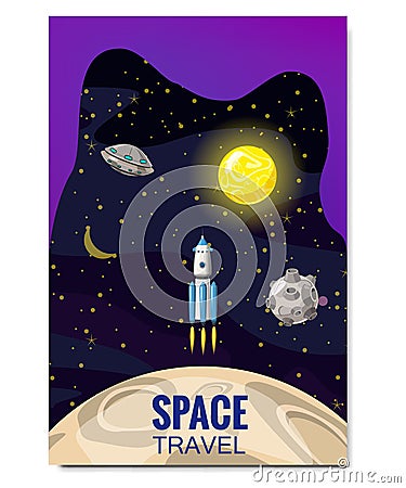 Outline outer space rocket space travel, exploration of the universe, other planets, flying rockets, stars of distant Vector Illustration