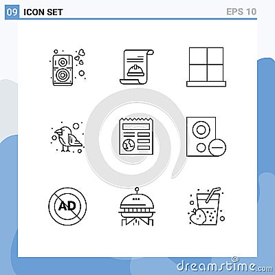 9 User Interface Outline Pack of modern Signs and Symbols of basic, bird, buildings, parrot, home door Vector Illustration