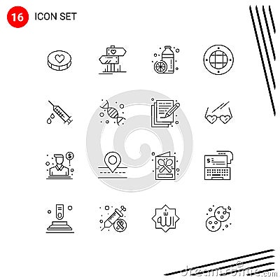 Outline Pack of 16 Universal Symbols of dope, light, bottle, lamp, orange Vector Illustration