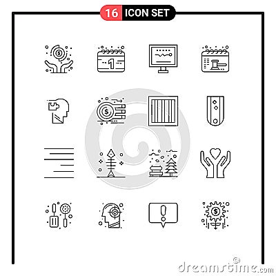 Outline Pack of 16 Universal Symbols of logical, balance, cardiology, date, appointment Vector Illustration