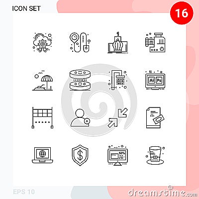 Outline Pack of 16 Universal Symbols of palm, meat mixer, king, meat grinder, food mincer Vector Illustration