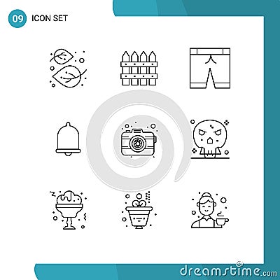 Outline Pack of 9 Universal Symbols of photo, sound, garden, notification, alert Vector Illustration