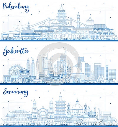 Outline Palembang, Jakarta and Semarang Indonesia City Skylines with Blue Buildings. Business Travel and Tourism Concept with Stock Photo