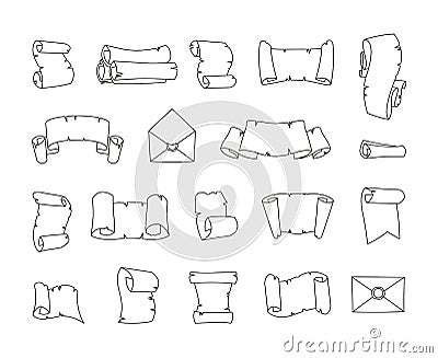 Outline parchment. Ancient papyrus scroll sketch collection, vintage line engraved manuscript rolls for banner design Vector Illustration