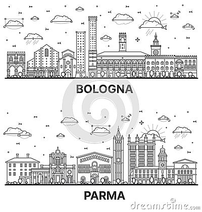 Outline Parma and Bologna Italy City Skyline Set with Historic Buildings Isolated on White Stock Photo