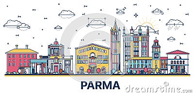 Outline Parma Italy City Skyline with Colored Historic Buildings Isolated on White. Vector Illustration Stock Photo