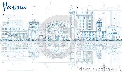 Outline Parma Skyline with Blue Buildings and Reflections. Stock Photo
