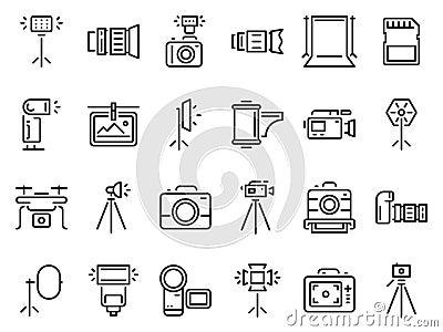 Outline photo icons. Photography studio light, film cameras and camera on tripod line icon vector set Vector Illustration