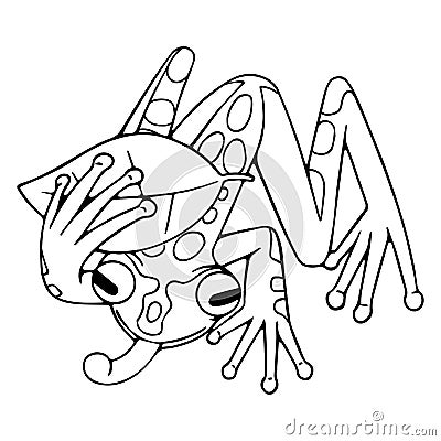 Outline poison dart tree frog show tongue. Rainforest froggy with long legs hold leaf. Funny patterned tropical toad Vector Illustration