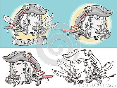 Outline portrait of a girl-pirate in different versions Cartoon Illustration