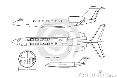 Outline private airplane bluteprint. Side and top view of business plane. Plane seats map. Drawing of aircraft interior Vector Illustration