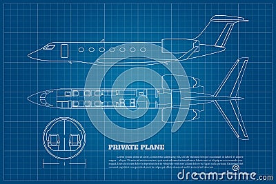 Outline private airplane interior. Side and top view of business plane. Plane seats map. Drawing of commercial aircraft Vector Illustration