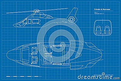 Outline private helicopter interior. Cockpit blueprint. Top, side view of business vehicle. Cabin drawing Vector Illustration