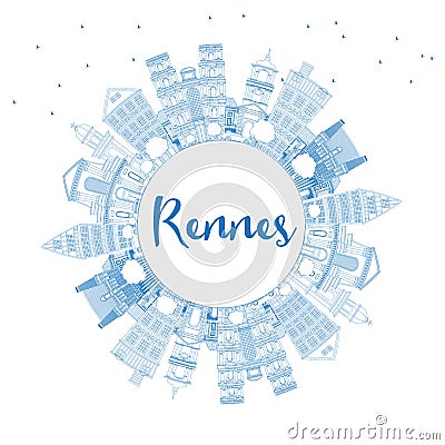 Outline Rennes France City Skyline with Blue Buildings and Copy Stock Photo