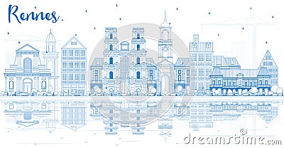 Outline Rennes France City Skyline with Blue Buildings and Reflections. Stock Photo