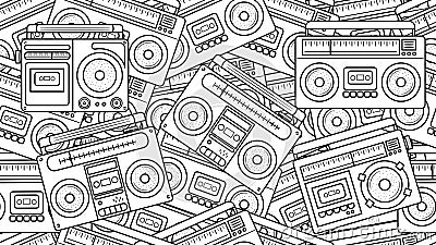 Outline Retro Radio Cassette Boombox 70s 80s 90s Seamless Pattern in Doodle style Vector Illustration