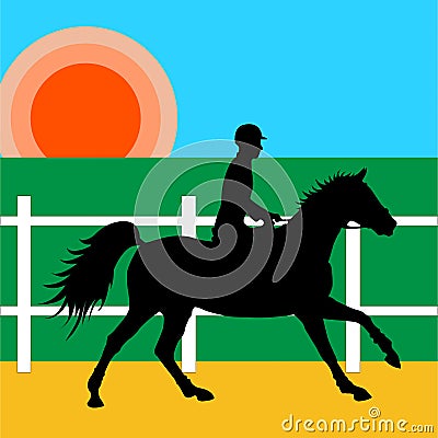 Rider horseback in the riding hall under the rising sun Vector Illustration