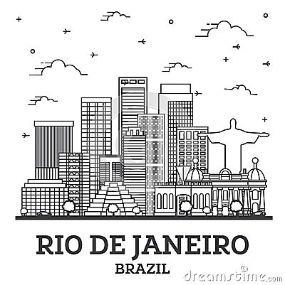 Outline Rio de Janeiro Brazil City Skyline with Modern Buildings Isolated on White Stock Photo