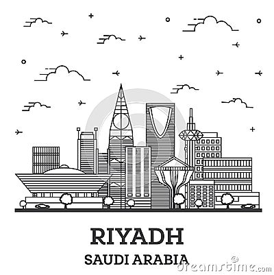 Outline Riyadh Saudi Arabia City Skyline with Modern Buildings Isolated on White Stock Photo