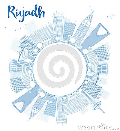 Outline Riyadh skyline with blue buildings. Cartoon Illustration