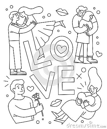 Outline of Romantic couples. men and women in love hugging cuddling and kissing. Vector Illustration