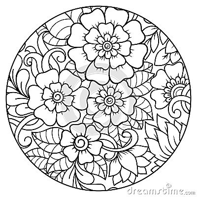 Outline round floral pattern for coloring the book page. Antistress coloring for adults and children. Doodle pattern in black and Vector Illustration