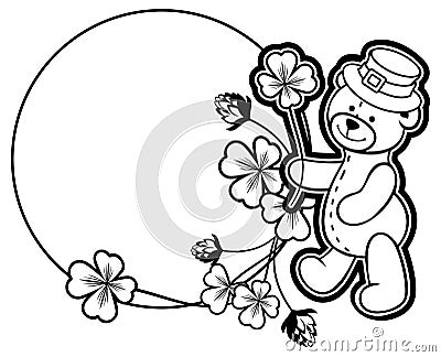 Outline round frame with shamrock contour and teddy bear. Raster Stock Photo