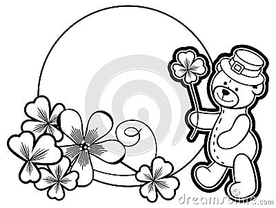 Outline round frame with shamrock contour and teddy bear. Raster Stock Photo