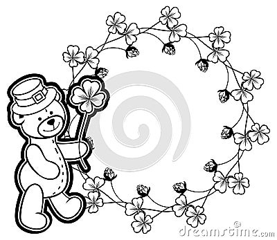 Outline round frame with shamrock contour and teddy bear. Raster Stock Photo