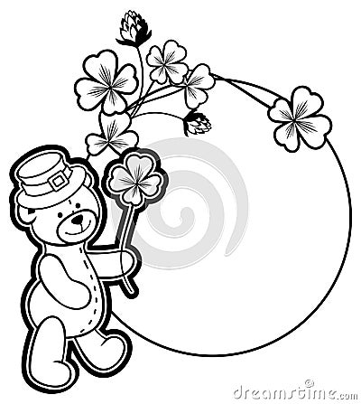 Outline round frame with shamrock contour and teddy bear. Raster Stock Photo