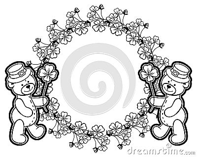 Outline round frame with shamrock contour and teddy bear. Raster Stock Photo