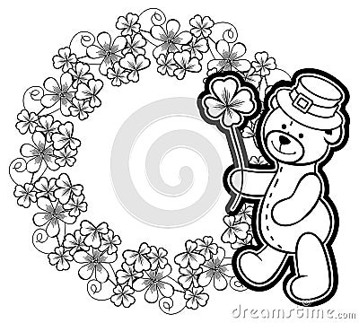 Outline round frame with shamrock contour and teddy bear. Raster Stock Photo