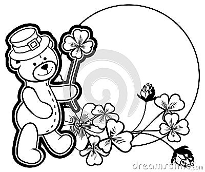 Outline round frame with shamrock contour and teddy bear. Raster Stock Photo