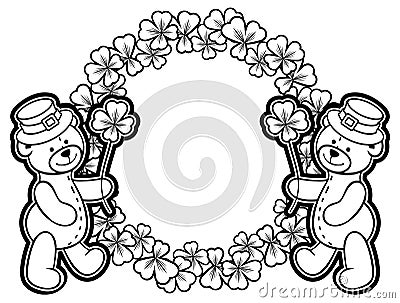 Outline round frame with shamrock contour and teddy bear. Raster Stock Photo