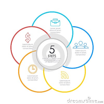 Outline round infographic. Circle diagram with 5 element, steps or options. Vector Illustration