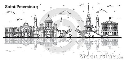 Outline Saint Petersburg Russia City Skyline with Historic Buildings and Reflections Isolated on White Stock Photo