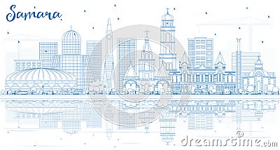 Outline Samara Russia City Skyline with Blue Buildings and Reflections. Stock Photo