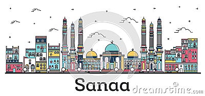 Outline Sanaa Yemen City Skyline with Color Buildings Isolated on White Cartoon Illustration