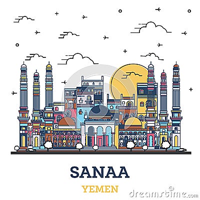 Outline Sanaa Yemen City Skyline with Colored Historic Buildings Isolated on White Cartoon Illustration