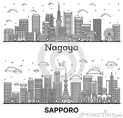 Outline Sapporo and Nagoya Japan City Skyline set with Modern Buildings Isolated on White. Cityscape with Landmarks Stock Photo