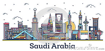 Outline Saudi Arabia City Skyline with Colored Historic and Modern Buildings Isolated on White Stock Photo