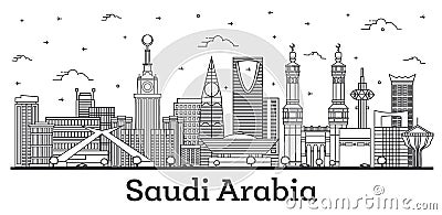 Outline Saudi Arabia City Skyline with Historic and Modern Buildings Isolated on White Stock Photo