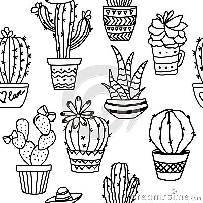 Outline seamless cactus pattern. Plant fabric print. Contour succulent drawing. Nature textile background. Mexican decor Vector Illustration