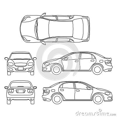 Outline sedan car vector drawing in different point of view Vector Illustration