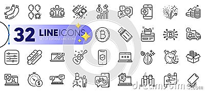 Outline set of Alarm, Fireworks and Medical phone line icons. For web app. Vector Vector Illustration