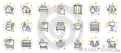 Outline set of Bath, Package size and Pillow line icons for web app. Pictogram icon. Vector Vector Illustration