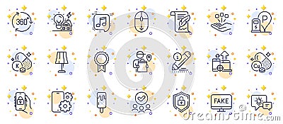 Outline set of Charging station, Idea lamp and Scroll down line icons for web app. Pictogram icon. Vector Vector Illustration