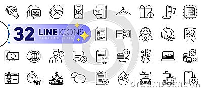 Outline set of Chat bubble, Engineering team and Cloakroom line icons. For web app. Vector Vector Illustration