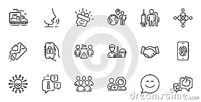 Outline set of Cleaning service, Cyber attack and Employees handshake line icons for web application. For design Vector Vector Illustration